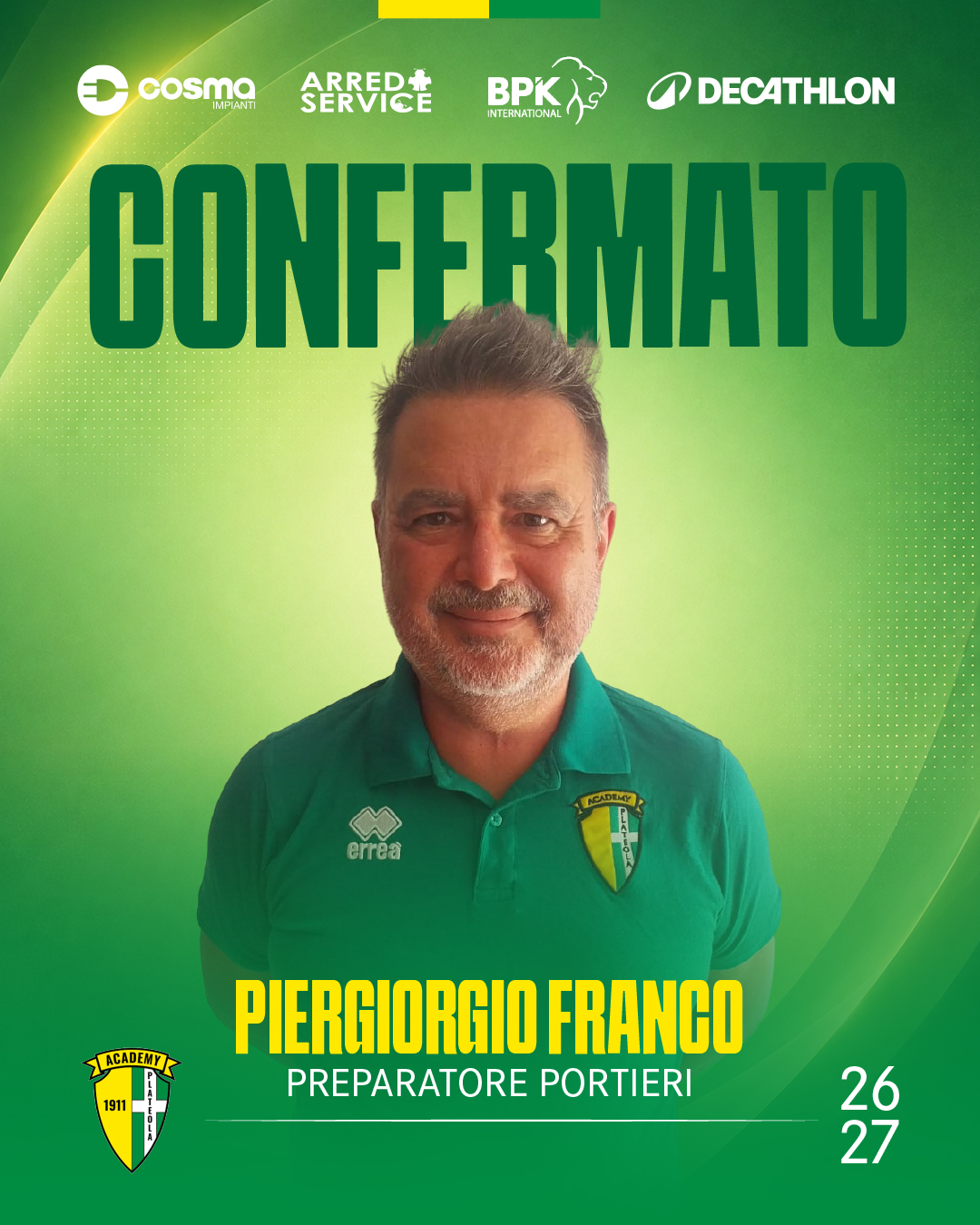 PIERGIORGIO FRANCO CONFERMATO PREPARATORE DEI PORTIERI