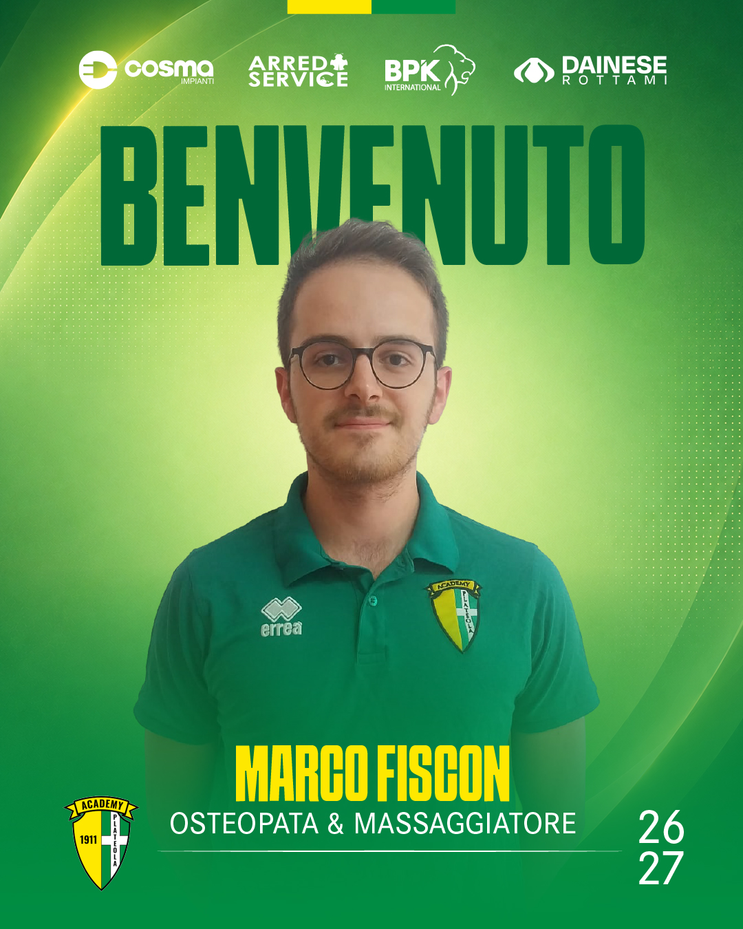 NUOVO ARRIVO MARCO FISCON OSTEOPATA & MASSAGGIATORE STAGIONE 2026/2027